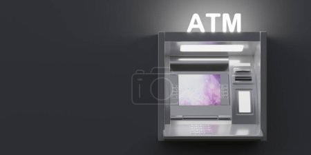 Photo for ATM on empty grey wall background. Illuminated Automated Teller Machine at night, public bank, online money. Ad template, copy space. 3d render - Royalty Free Image