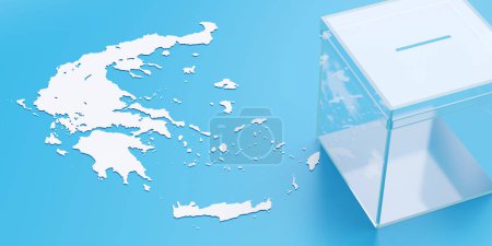 Transparent Ballot box on Greece map made of blue and white color background. Clear Voting box for clear Greek Election result. Above view. 3d render