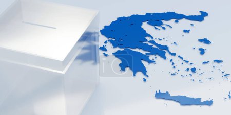 Caja de votación transparente en Grecia mapa hecho de fondo de color azul y blanco. Clear Voting box for clear Greek Election result (en inglés). Sobre la vista. 3d renderizar