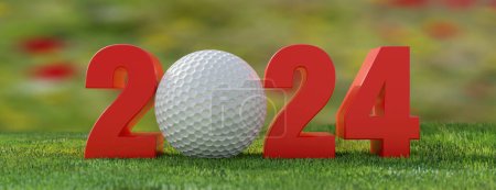Photo for 2024 Golf. New year number with white golfball on grass field, fresh green lawn sport terrain on blur nature background. Banner. 3d render - Royalty Free Image