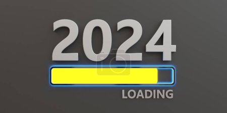 Téléchargez les photos : 2024 Barre de chargement Nouvel An avec panneau de couleur jaune sur fond gris. Forme rectangle informe sur les progrès de la vitesse de la nouvelle année à venir. 3d rendu - en image libre de droit