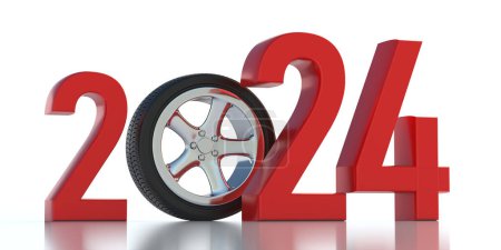 Téléchargez les photos : 2024 Nouvel An concept de conduite sûre. Pneu sur roue en alliage entre chiffre rouge isolé sur fond blanc. Carte de voeux pour chauffeur. 3d rendu - en image libre de droit