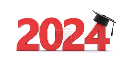 2024 Año Académico Nuevo, Graduación de la Clase. Número de año de color rojo con casquillo de grado tradicional con borla aislada sobre fondo blanco. 3d renderizar
