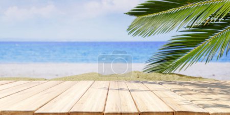 Empty wooden table outdoors, blur green park and garden, nature background, product display template. 3d render