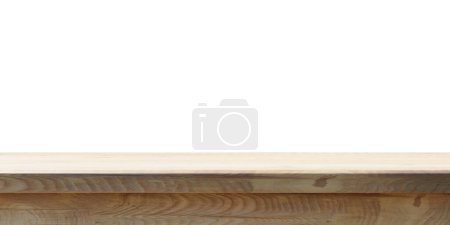 Table en bois vide et fond blanc, modèle d'affichage des produits, vue de face. 3d rendu