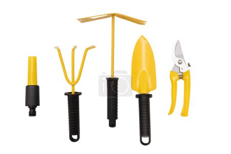 Photo for Gardening yellow set. Garden tools isolated on transparent background, view from above, - Royalty Free Image