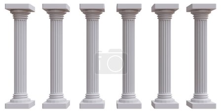 Téléchargez les photos : Six colonnes de piliers de marbre grec antique isolé sur fond blanc, - en image libre de droit