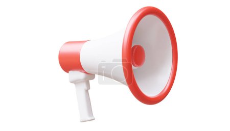 Roter tragbarer Bullhorn-Megaphon-Lautsprecher isoliert auf weiß, Durchsagekonzept. 3D-Darstellung