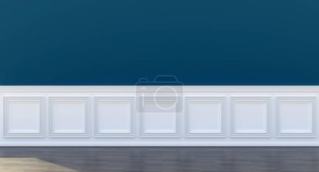 Classic white wainscot on empty blue wall. Retro panel wall and wooden floor room interior background. Beadboard wood decoration. 3d render   