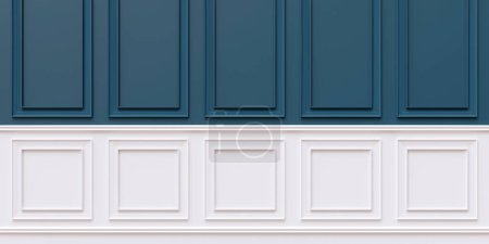 Foto de Decoración de madera de abalorios de pared. Clásico color azul y blanco wainscot Fondo panel de madera retro. 3d renderizar - Imagen libre de derechos
