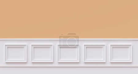 Foto de Decoración de madera de abalorios de pared. Clásico wainscot color blanco en la pared amarilla vacía. Fondo de panel de madera retro. 3d renderizar - Imagen libre de derechos