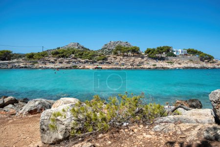 Greece Aponisos beach, destination Agistri island. Rocky beach with pine tree, people swim in clear sea water, blue sky background. Summer vacation.