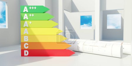 Foto de Gráfico de barras de clasificación de etiquetas de eficiencia energética, plano plano en el fondo interior del hogar. Construcción respetuosa con el medio ambiente. 3d renderizar - Imagen libre de derechos