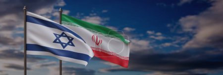 Photo for Israeli and Iranian flags displayed against blue sky with clouds, 3D render - Royalty Free Image