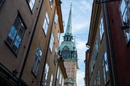 Deutsch oder St. Gertrud Kirche, Tyska Kyrkan in Gamla Stan Altstadt religiöses Ziel Stockholm Schweden. Oberer Teil des Turms mit der Uhr.