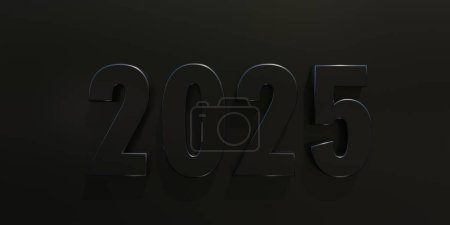 Foto de 2025 año nuevo, número de dígito negro sobre fondo negro total. Feliz año nuevo tarjeta de felicitación, deseo de suerte, riqueza, éxito, plantilla de tarjeta. 3d renderizar - Imagen libre de derechos
