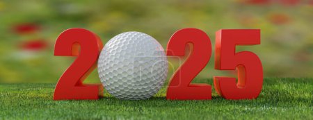 Golf 2025. Neues Jahr 2025 rote Ziffer mit weißem Golfball auf Rasenplatz, frischer grüner Rasensportplatz im Hintergrund. Banner. 3D-Darstellung