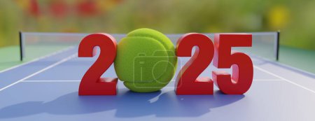 Tennis 2025. Neujahr 2025 rote Ziffer mit gelbem Ball auf dem Sportplatzboden, im Freien offenes Feld mit Netz auf verschwommenem Hintergrund. Banner. 3D-Darstellung