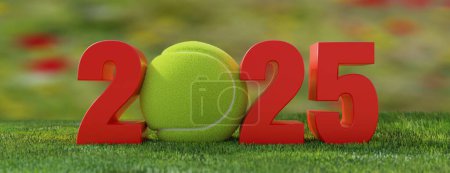 Tennis-Veranstaltungskalender 2025. Neujahr 2025 rote Ziffer mit gelbem Ball auf grünem Rasenfeld auf verschwommenem Hintergrund. Banner. 3D-Darstellung