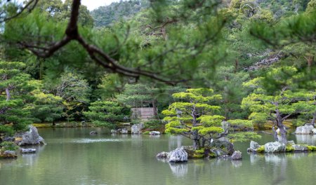 Japanischer Garten mit Teich, Bäumen und Felsen rund um ruhiges Wasser, Kinkaku-ji Garten und See, Kyoto, Japan