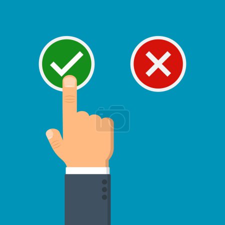 Illustration for Hand pushing button true or false vector illustration. Finger click here vector web button. Flat illustration. - Royalty Free Image