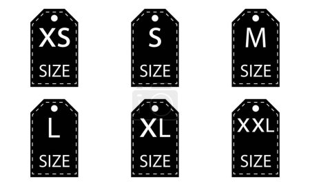 Set mit Bekleidungsgröße Symbole für Stoffdesign. Größen: XS, S, M, L, XL, XXL. Große Menge an Bekleidungsgröße.