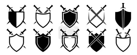 Set of sword with shield vector icons. Black crossed sword and shield. Vector 10 Eps.