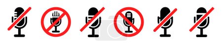 Set of no microphone vector icons. Off audio. Muted sound. Prohibition record. Stop voice.