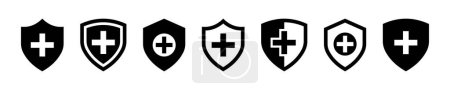 Set medizinischer Schutzschilde mit plus Vektor-Symbolen. Sicherheit oder Gesundheitsschutz. Vektor 10 Eps.