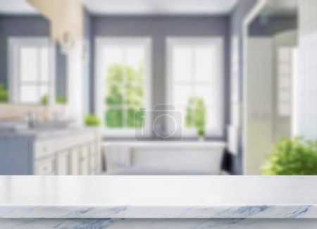 Téléchargez les photos : Plateau de comptoir en marbre dans le fond de la salle de bain. peut être utilisé modèle pour l'affichage de produits de montage ou tour de conception - en image libre de droit