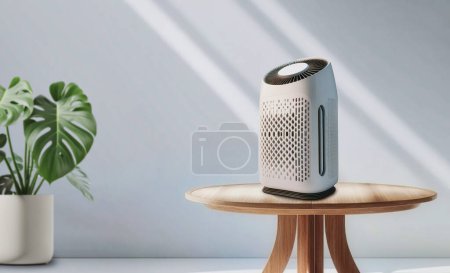 Foto de Purificador de aire una sala de estar, limpiador de aire que elimina el polvo fino en la casa. proteger PM 2.5 polvo y el concepto de contaminación del aire - Imagen libre de derechos