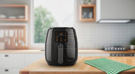 Photo for Air fryer machine cooking potato fried in kitchen. Lifestyle of new normal cooking. - Royalty Free Image