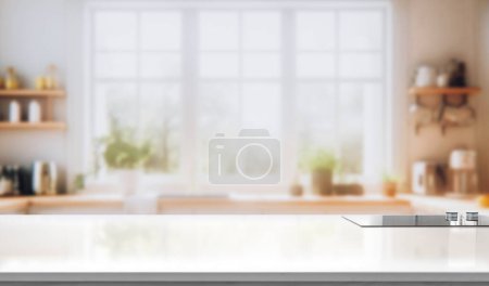 Photo for Wood table top on blurred kitchen background. can be used mock up for montage products display or design layout - Royalty Free Image