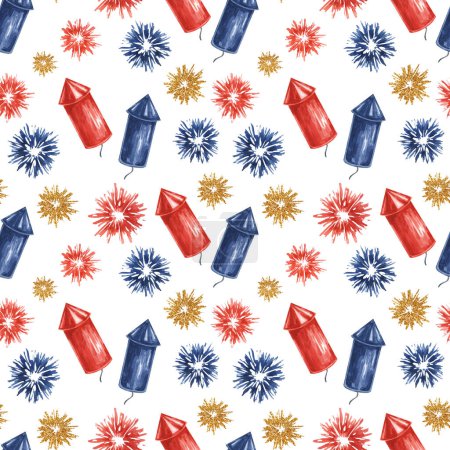 Vierter Juli nahtloses Muster. Rote, blaue Feuerwerkskörper und Feuerwerkskörper explodieren. Unabhängigkeitstag Feiertag Hintergrund. Handgezeichnetes Aquarell vom 4. Juli für Geschenkpapier, Textilien, Servietten