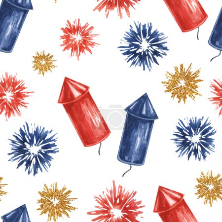 Vierter Juli nahtloses Muster. Rote, blaue Feuerwerkskörper und Feuerwerkskörper explodieren. Unabhängigkeitstag Feiertag Hintergrund. Handgezeichnetes Aquarell vom 4. Juli für Geschenkpapier, Textilien, Servietten