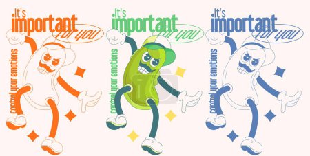 A collection of cartoon-style cucumber pickle team mascot sets inspired by groovy 60s posters, featuring positive affirmations and sparkling light ornaments. The characters depicted with angry face