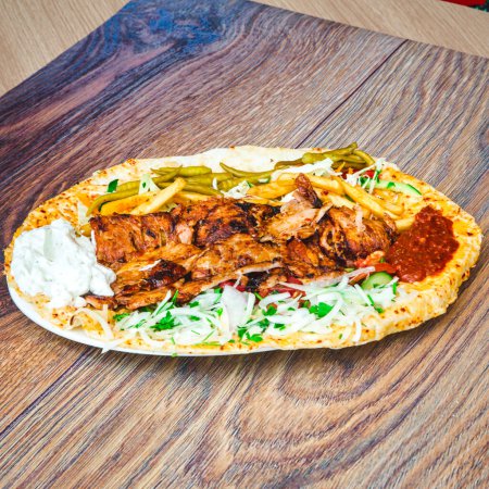 A close-up photo of a mouthwatering chicken fajita, garnished with sour cream, served on a plate.