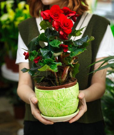 A woman holds a potted plant with vibrant red flowers, against a backdrop with copy space.