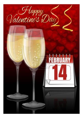 Photo for Greeting card for Valentines Day. A pair of champagne glasses and a desk calendar with the date of February 14. Happy Valentine's Day - Royalty Free Image