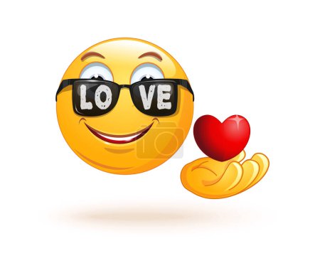 Téléchargez les photos : Emoji dans des lunettes de soleil avec une inscription - amour. émoticône romantique tient dans la main une grande sucette en forme de coeur rouge. - en image libre de droit