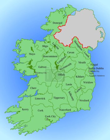 Foto de República de Irlanda. Mapa de Irlanda con la división en condados. Treinta y una autoridades locales: 26 consejos provinciales, dos ayuntamientos y tres ayuntamientos - Imagen libre de derechos