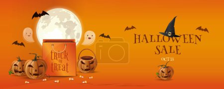 Illustration for Halloween sale horizontal banner design. Orange paper shopping bag for Halloween. 31 October. Vector illustration - Royalty Free Image