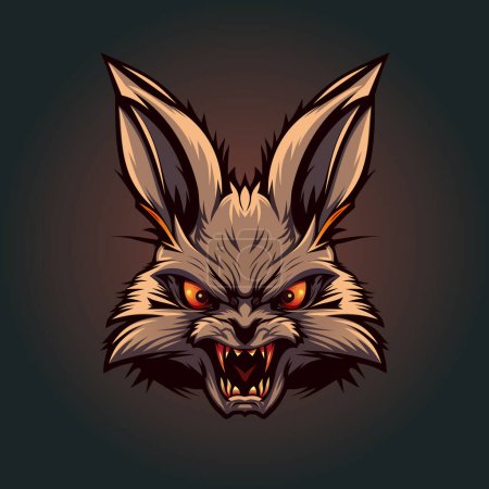 Illustration for Raging aggressive rabbit with burning eyes and bloodied teeth. Color logo, flat style, 2d vector illustration - Royalty Free Image