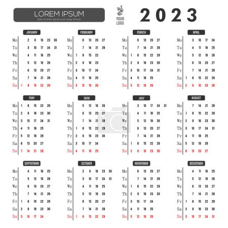 Illustration for The calendar in English for 2023, the days of the week are located on the left, the week begins with Monday. Calendar with a place for the logo. Vector illustration - Royalty Free Image