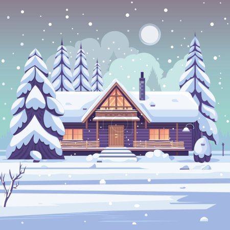 Illustration for Cozy wooden hut in the winter forest. Vector flat illustration - Royalty Free Image