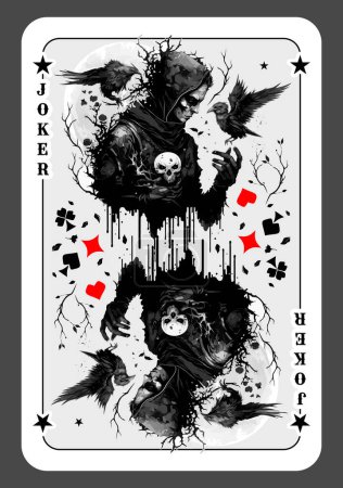 Joker o bufón, carta en la baraja de cartas. Bufón con un cráneo en la mano rodeado de cuervos. Jugar a las cartas con un bromista. Ilustración vectorial
