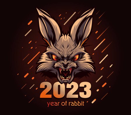 Illustration for 2023 year of rabbit. Angry furious rabbit rabbit with burning eyes and bloodied teeth. Flat style logo. Vector illustration - Royalty Free Image