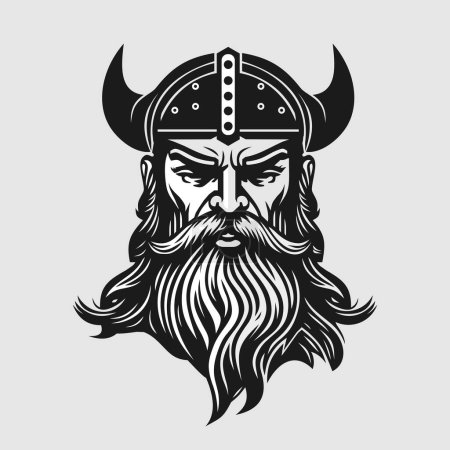 Ilustración de Viking's face in a helmet with horns. Scandinavian warrior logo design. Vector illustration - Imagen libre de derechos