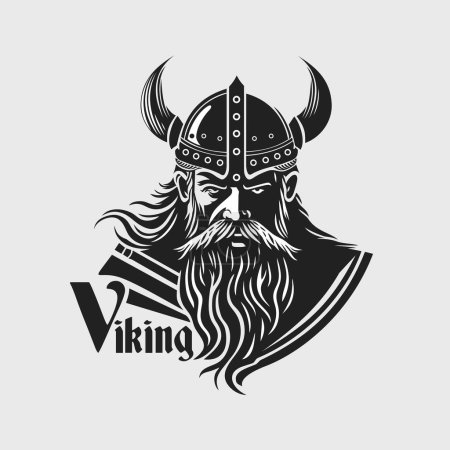 Illustration for Viking's face in a helmet with horns. Scandinavian warrior logo design. Tattoo style. Vector illustration - Royalty Free Image