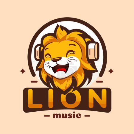 Ilustración de Young lion listens to music in headphones and squinted with pleasure. Lion music logo design. Cute lion head in cartoon style. - Imagen libre de derechos